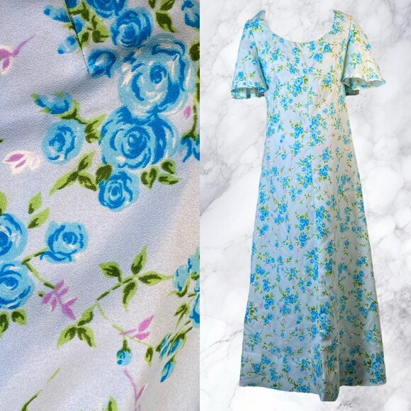 Handmade Vintage Baby Blue Rose Print Floral Prairie Empire Waist Dress - Picture 1 of 12